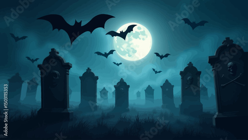 Creepy graveyard with large bats flying under a full moon in a dense fog, creating a haunting Halloween atmosphere.