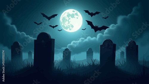 Foggy cemetery filled with gravestones and bats flying across the full moon, evoking a spooky Halloween night with eerie silence.