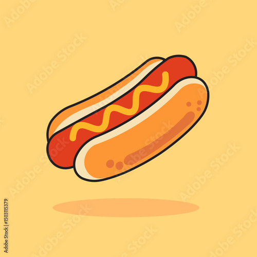 illustration of delicious hot dog with a soft bun, savory sausage, and a drizzle of mustard. This hot dog is perfect for summer barbecues, picnics, and casual gatherings. Enjoy a tasty hot dog!
