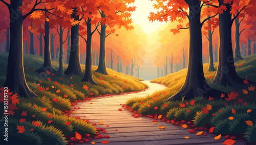 Winding forest path with fallen leaves and golden light shining through vibrant orange-red autumn trees.