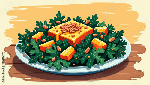 Holiday salad on white plate with dark leafy greens, nuts, and seasoned cheese cubes on wood texture.