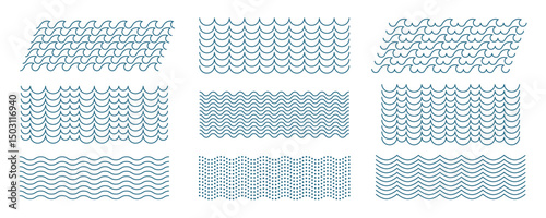 Wavy Horizontal Lines Ornament Pattern Set. Zig Zag Sea Wave Thin Lines. Vector Undulate Squiggly Sine Design Elements Collection. Curvy Wiggle Waveform Frame Corrugated Background Illustration