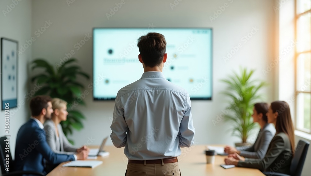 Obraz premium Business Presenter Addressing Attentive Audience in Modern Office