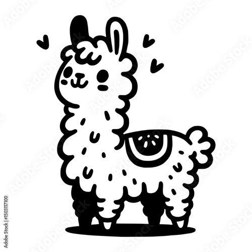 A charming cartoon llama illustration, radiating sweetness and love with heart accents