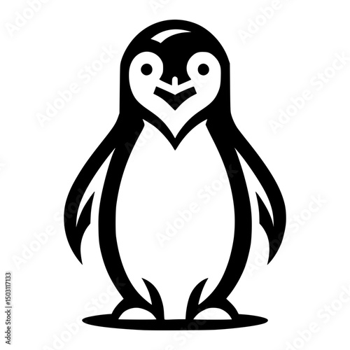 A charming penguin in black and white silhouette, with a friendly look and simple lines.