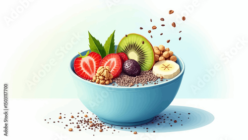 Colorful breakfast bowl with strawberries, kiwi, banana, chia seeds, and nuts in a blue bowl on a clean background.