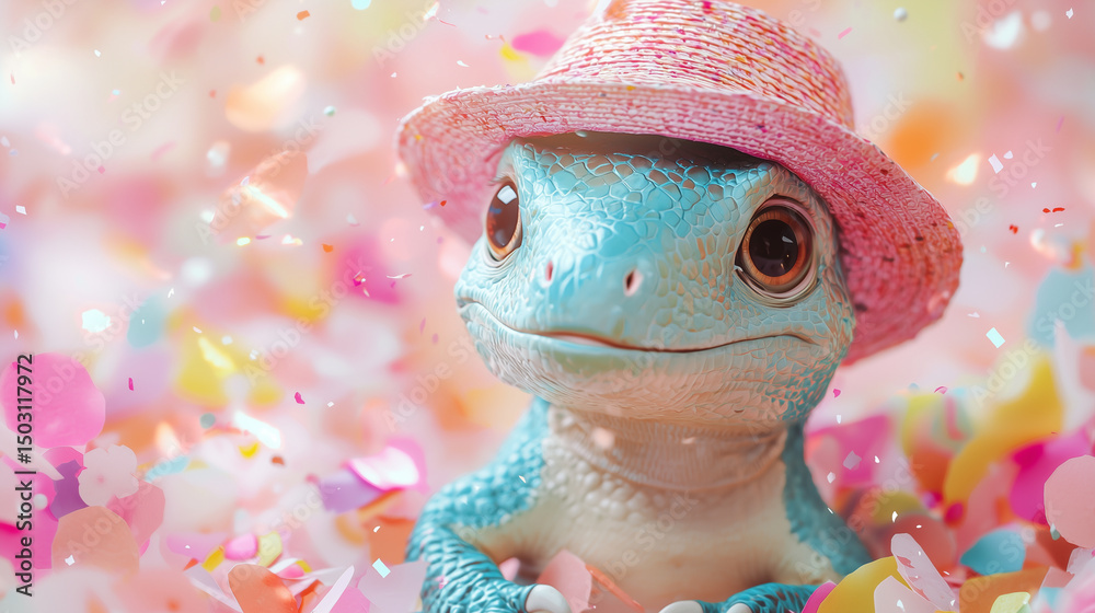 A calm cartoon lizard in a pink straw hat stares adorably forward with a soft, neutral expression. Surrounded by pastel petals, this character evokes a balance of charm, innocence A calm cartoon lizard in a pink straw hat stares adorably forward with a soft, neutral expression. Surrounded by pastel petals, this character evokes a balance of charm, innocence