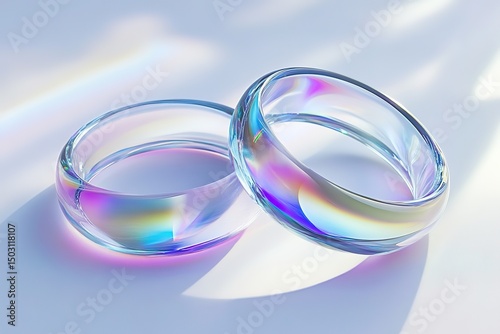 Two iridescent glass bands refract rainbow colors beautifully on a softly lit pale backdrop
