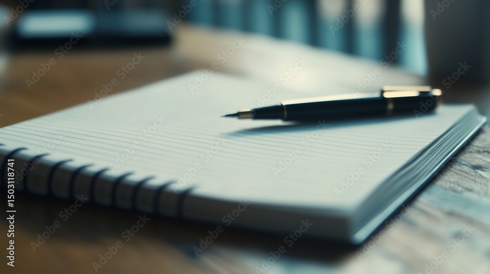 Fototapeta premium Elegant writing instrument resting atop a ruled notebook, focus on creative work