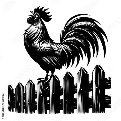 A rooster crowing atop a wooden fence on white background photo