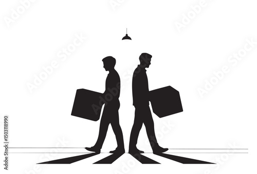 Mirrored Paths A Silhouette Illustration of Two Individuals Carrying Boxes, Representing Divergent Journeys and Choices in Life's Crossroads, Symbolizing Individuality and Separate Destinies.