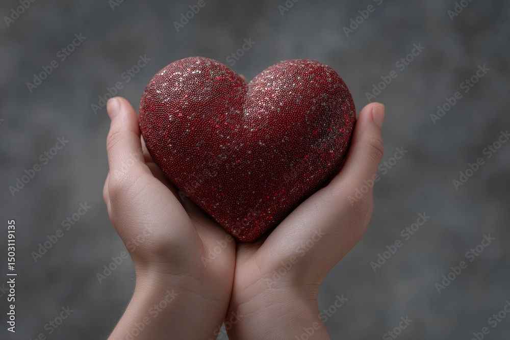 Fototapeta premium Sparkling Red Heart Held in Gentle Hands: A Sentimental Image