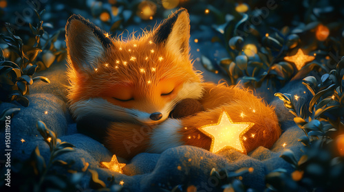 A dreamy little fox cuddles a glowing star while sleeping under a starlit sky. This charming fantasy illustration radiates warmth, magic, and the quiet beauty of nighttime wonder through soft textures