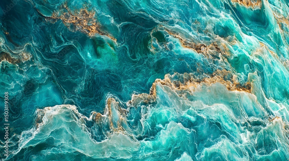 Naklejka premium A mesmerizing abstract image of swirling turquoise and teal hues, accented with shimmering gold, resembling a cross-section of exotic stone.