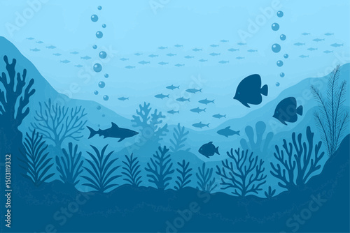 Sea underwater background. Ocean bottom with seaweeds. Vector marine scene


