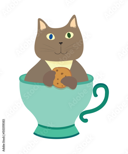 Vector illustration of a kawaii cat sitting in a mug with cookies.