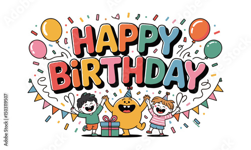 A colorful 'Happy Birthday' text in a playful modern vector cartoon style with bold, easily scalable and editable.