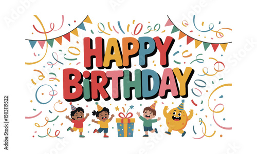A colorful 'Happy Birthday' text in a playful modern vector cartoon style with bold, easily scalable and editable.
