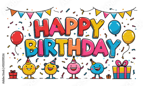 A colorful 'Happy Birthday' text in a playful modern vector cartoon style with bold, easily scalable and editable.