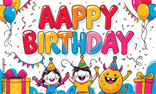 A colorful 'Happy Birthday' text in a playful modern vector cartoon style with bold, easily scalable and editable.