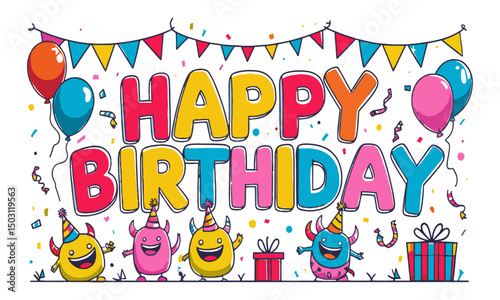 A colorful 'Happy Birthday' text in a playful modern vector cartoon style with bold, easily scalable and editable.