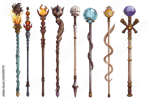 Magic wizard sticks. Magical staff, wizard weapon and shaman wands cartoon fantasy game assets isolated vector illustration set of stick wizard isolated, wand fantasy magician halloween.