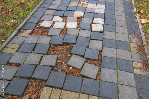 The paving slabs on the street have fallen into disrepair. Poor-quality installation of paving slabs during construction work. The walking path in the park needs to be repaired.