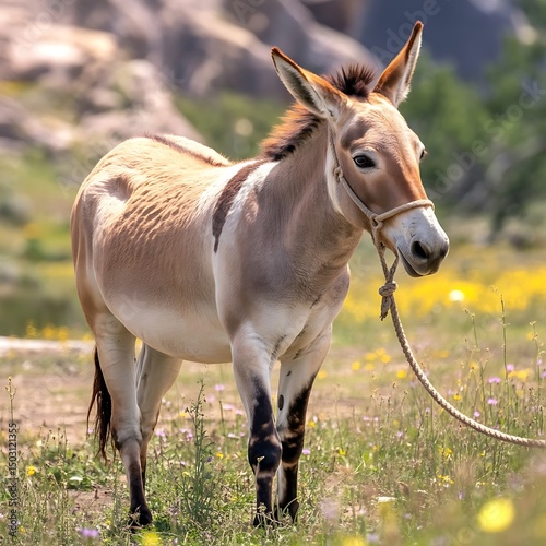 Brown Kiang in the meadow looks on, a rope halter resting gently upon its head
