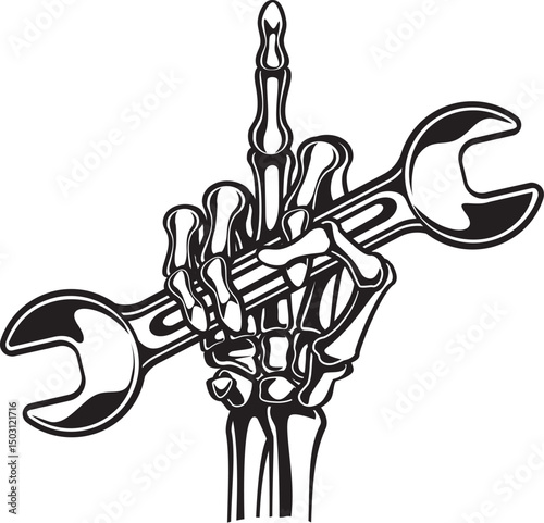human skeleton hand holding wrench and showing middle finger gesture 