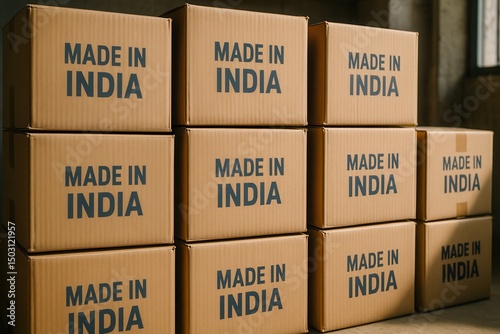 Stacked cardboard boxes marked made in India showcase local craftsmanship and manufacturing efforts in an industrial setting