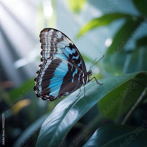 Colorful blue clipper butterfly resting gracefully upon a broad green leaf in natural sunlight