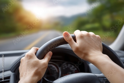 Wallpaper Mural Hands Gripping Steering Wheel: A Serene Driving Scene Torontodigital.ca