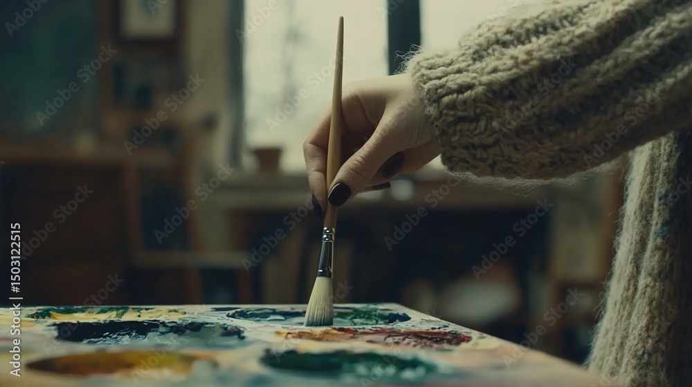 Fototapeta premium Creative artistic process, artist immersed in the world of art at studio