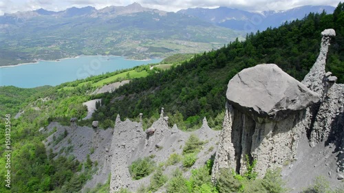 Aerial view of Les Demoiselles Coiffées at the Lac de Serre-Ponçon