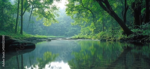 Tranquil river flowing through lush green forest landscape with reflections