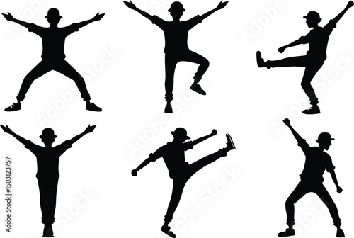 Silhouettes of a person in various dancing poses wearing a hat on a white background illustration