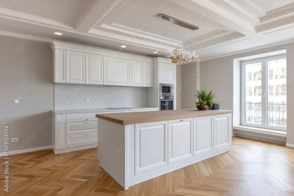 Fototapeta premium Elegant White Kitchen: Classic Design with Herringbone Floor