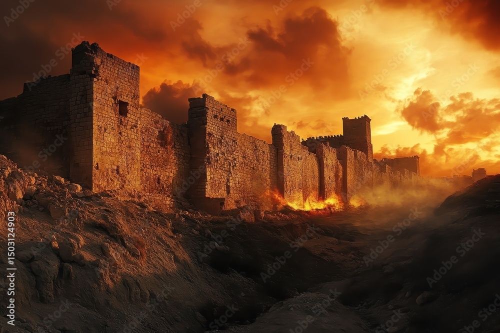 Fototapeta premium Crumbling walls of the ancient fortress of Jer under dramatic sunset skies, revealing a history of strength and resilience in a timeless landscape of stone