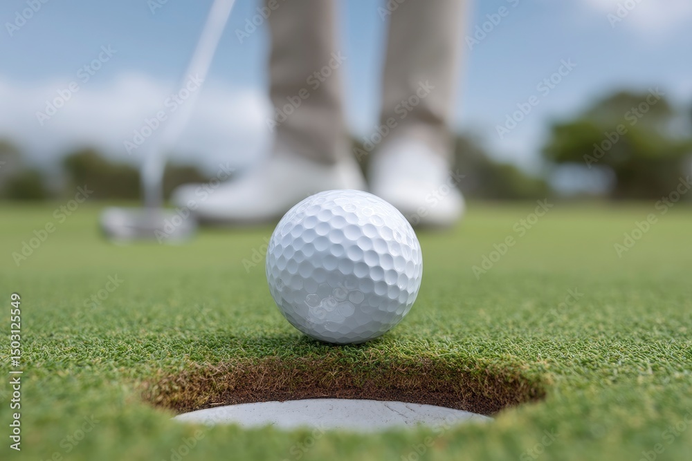 Obraz premium Golf Ball Nearing the Hole: A Serene Putting Green Scene