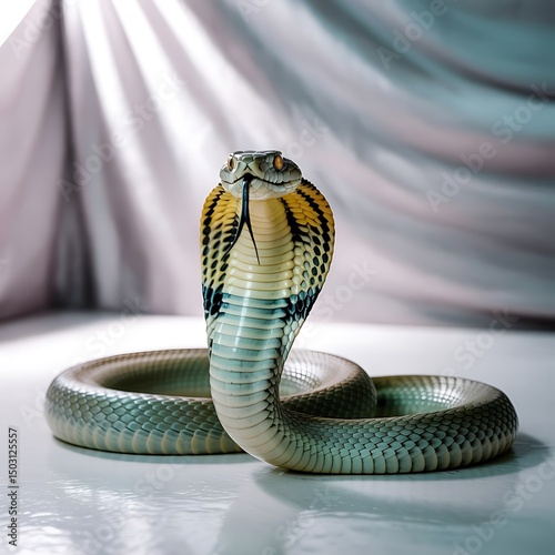Hooded cobra stands poised, extending its forked tongue, set against a softly lit background