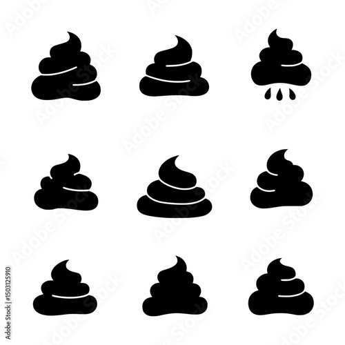 Playful Collection of Black Poop Icons Representing Feces, Waste, and Humorous Emoji Concepts