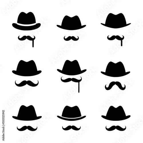 Set of Black Retro Moustache and Hat Icons Representing Vintage Style and Gentlemanly Appearance