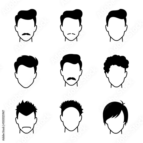 Collection of Black Male Hairstyle and Moustache Icons Representing Diverse Haircuts and Facial Hair Styles for Men