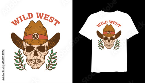 Wild west skull design illustration for t-shirt design, and for cowboy skull t-shirt, western retro. Desert adventure t-shirt design. western vintage print design for t shirt