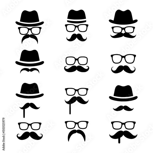 Set of Black Retro Style Moustache, Hat, and Glasses Icons Representing Vintage Fashion and Gentlemanly Style
