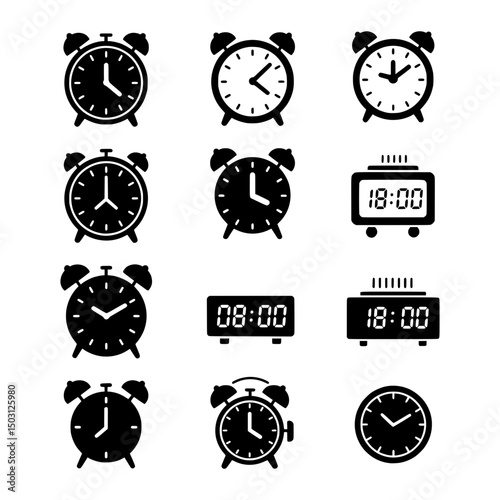 Set of Black Alarm Clock Icons Displaying Various Times and Styles, Representing Timekeeping and Wake-Up Calls