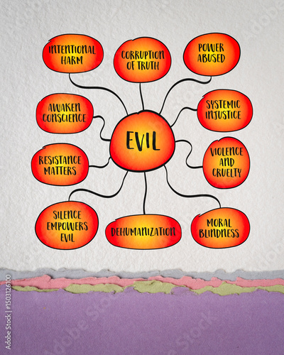 Evil is the intentional harm, destruction, or corruption of life, truth, or freedom. It often emerges through cruelty, apathy, or unchecked power. Infographics mind map sketch.