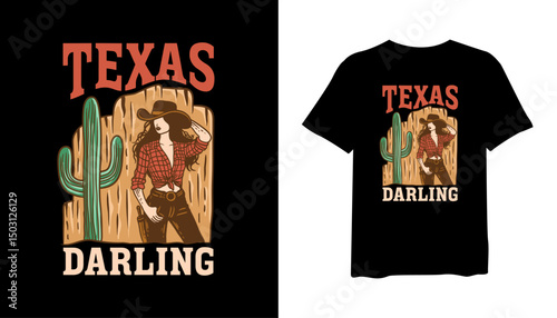 Texas darling design illustration for t-shirt design, and for cowgirl t-shirt, western retro. Desert adventure t-shirt design. western vintage print design for t shirt