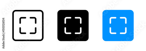 Scan frame icon set representing QR code scanning, barcode reading, or augmented reality frame in minimalistic design with black, white, and purple variations