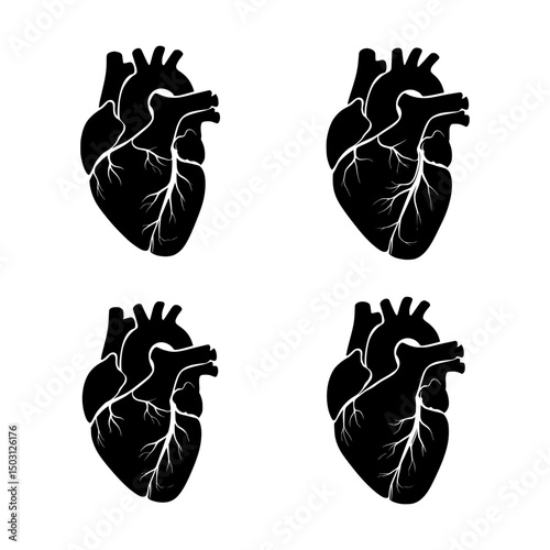 Collection of Black Human Heart Icons Representing Anatomy, Health, Cardiovascular System, and Love Symbolism